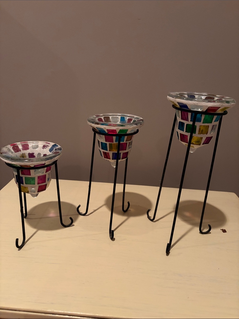 Set of 3 Mosaic Tiled Glass Candle Holders with Metal Stands